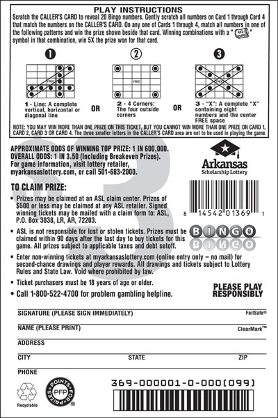 Bingo - Game No. 369 Arkansas Lottery Instant Ticket - Bingo
