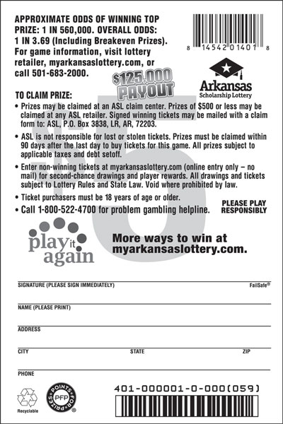 $125,000 Payout - Game No. 401 Arkansas Lottery Instant Ticket - $125,000 Payout