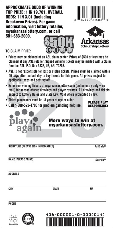 $50K Cash - Game No. 406 Arkansas Lottery Instant Ticket - $50K Cash