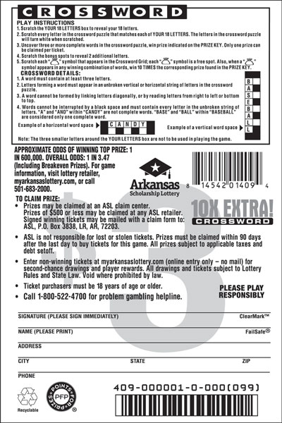10X Extra! Crossword- Game No. 409 Arkansas Lottery Instant Ticket - 10X Extra! Crossword