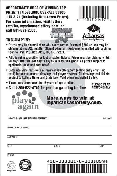 $100,000 Triple Play- Game No. 410 Arkansas Lottery Instant Ticket - $100,000 Triple Play