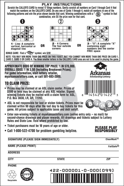 Bingo Bonus - Game No. 422 Arkansas Lottery Instant Ticket - Bingo Bonus
