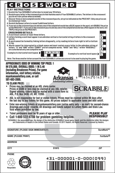 SCRABBLE™ Crossword - Game No. 431 Arkansas Lottery Instant Ticket - SCRABBLE™ Crossword
