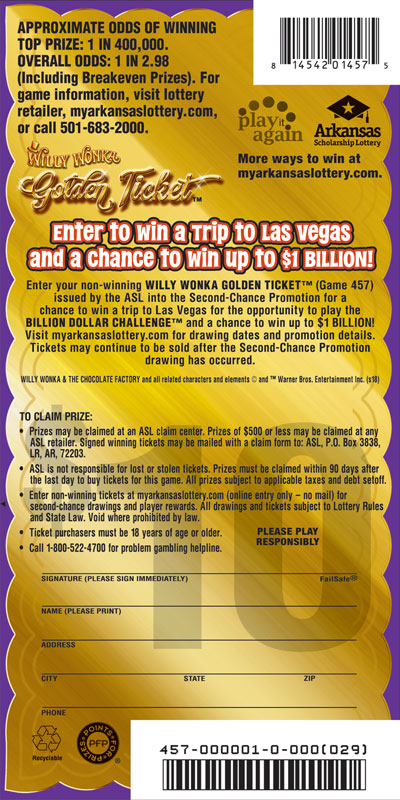 Willy Wonka Golden Ticket™ - Game No. 457 Willy Wonka Golden Ticket™ - Game No. 457 - Back