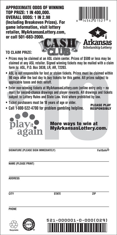 Cash Club - Game No. 521 - Back Cash Club - Game No. 521