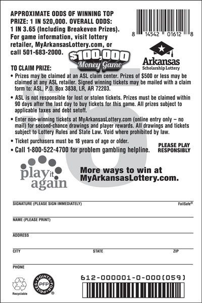 $100,000 Money Game - Game No. 612 - Back $100,000 Money Game - Game No. 612