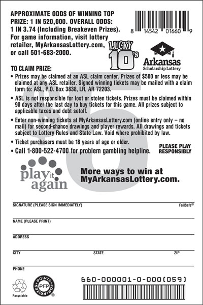 Lucky 10's - Game No. 660 - Back Lucky 10's - Game No. 660