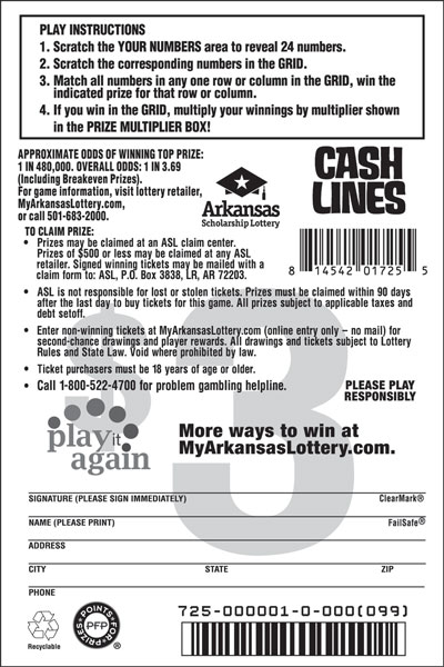 Cash Lines - Game No. 725 - Back Cash Lines - Game No. 725