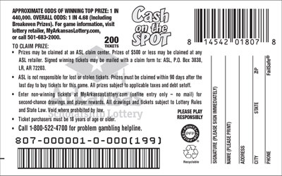 Cash on the Spot - Game No. 807 - Back Cash on the Spot - Game No. 807