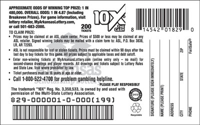 10X® the Cash - Game No. 829 - Back 10X® the Cash - Game No. 829