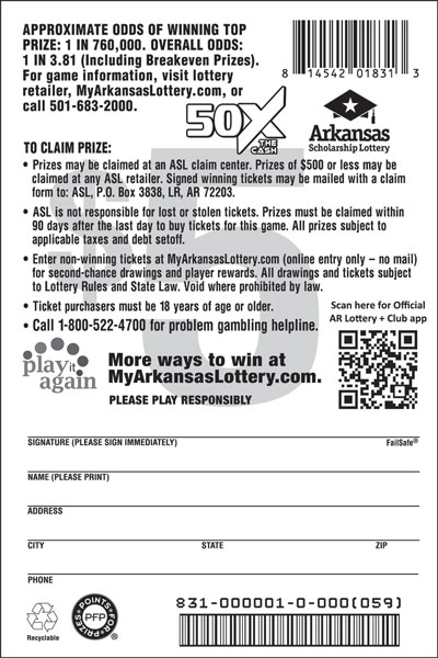 50X the Cash - Game No. 831 - Back 50X the Cash - Game No. 831
