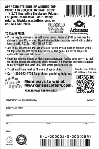 $100,000 Golden Ticket - Game No. 841 - Back $100,000 Golden Ticket - Game No. 841