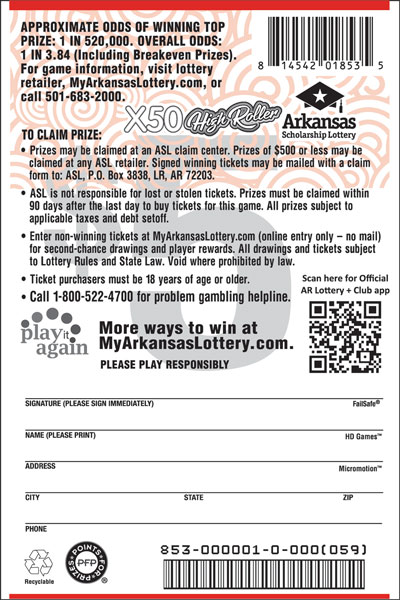 X50 High Roller - Game No. 853 - Back X50 High Roller - Game No. 853