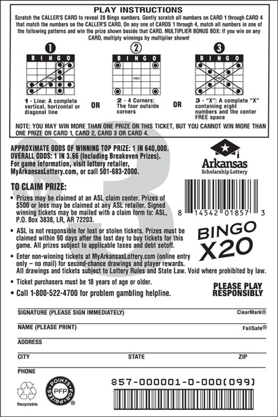 Bingo X20 - Game No. 857 - Back Bingo X20 - Game No. 857