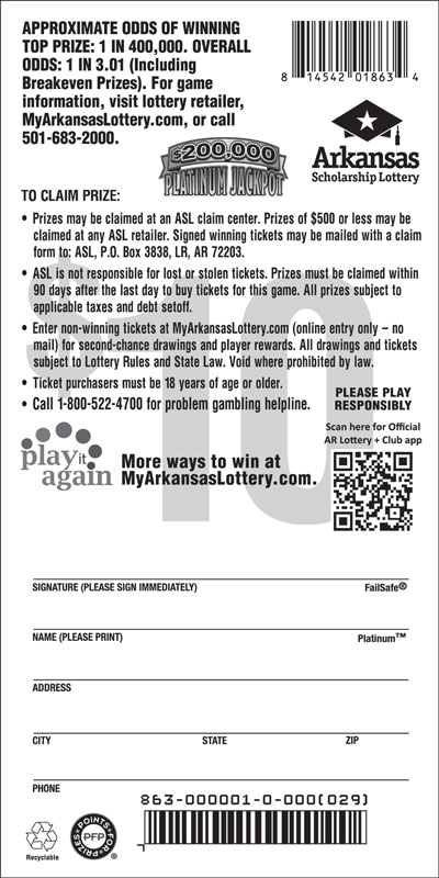 $200,000 Platinum Jackpot - Game No. 863 - Back $200,000 Platinum Jackpot - Game No. 863