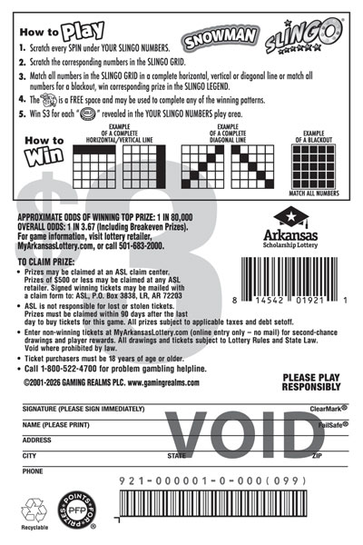 Snowman Slingo® - Game No. 921 - Back Snowman Slingo® - Game No. 921