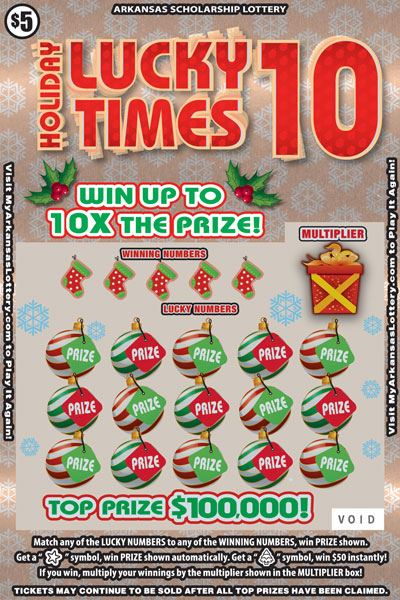 Holiday Lucky Times 10 Arkansas scratch-off ticket
