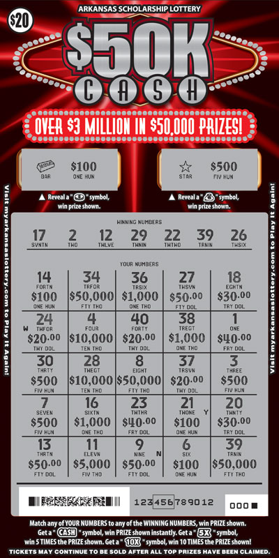 $50K Cash - Game No. 406 Arkansas Lottery Instant Ticket - $50K Cash