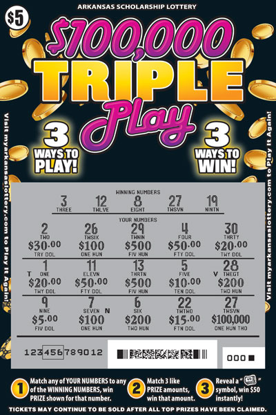 $100,000 Triple Play- Game No. 410 Arkansas Lottery Instant Ticket - $100,000 Triple Play